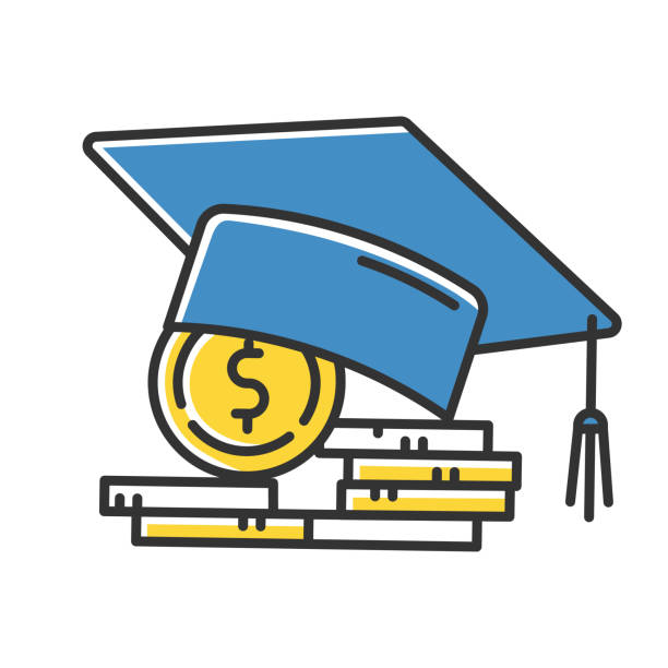 Student loan color icon\. Credit to pay for university education\. Tuition fee\. College scolarship\. Graduation hat, coin stack\. Budget investment\. Academic achievement\. Isolated vector illustration